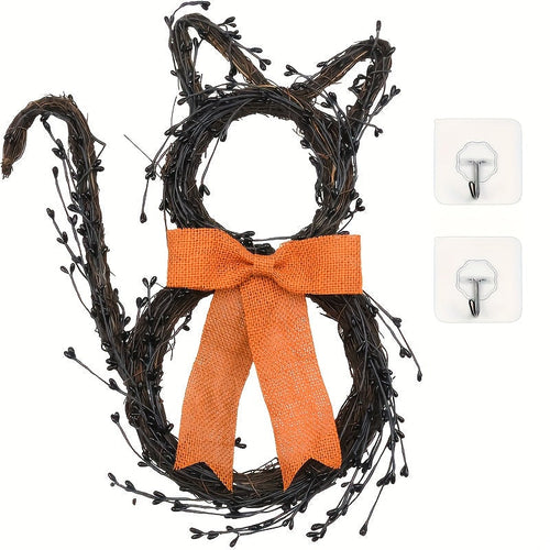 Black Cat Silhouette Twig Wreath Halloween Decoration-0