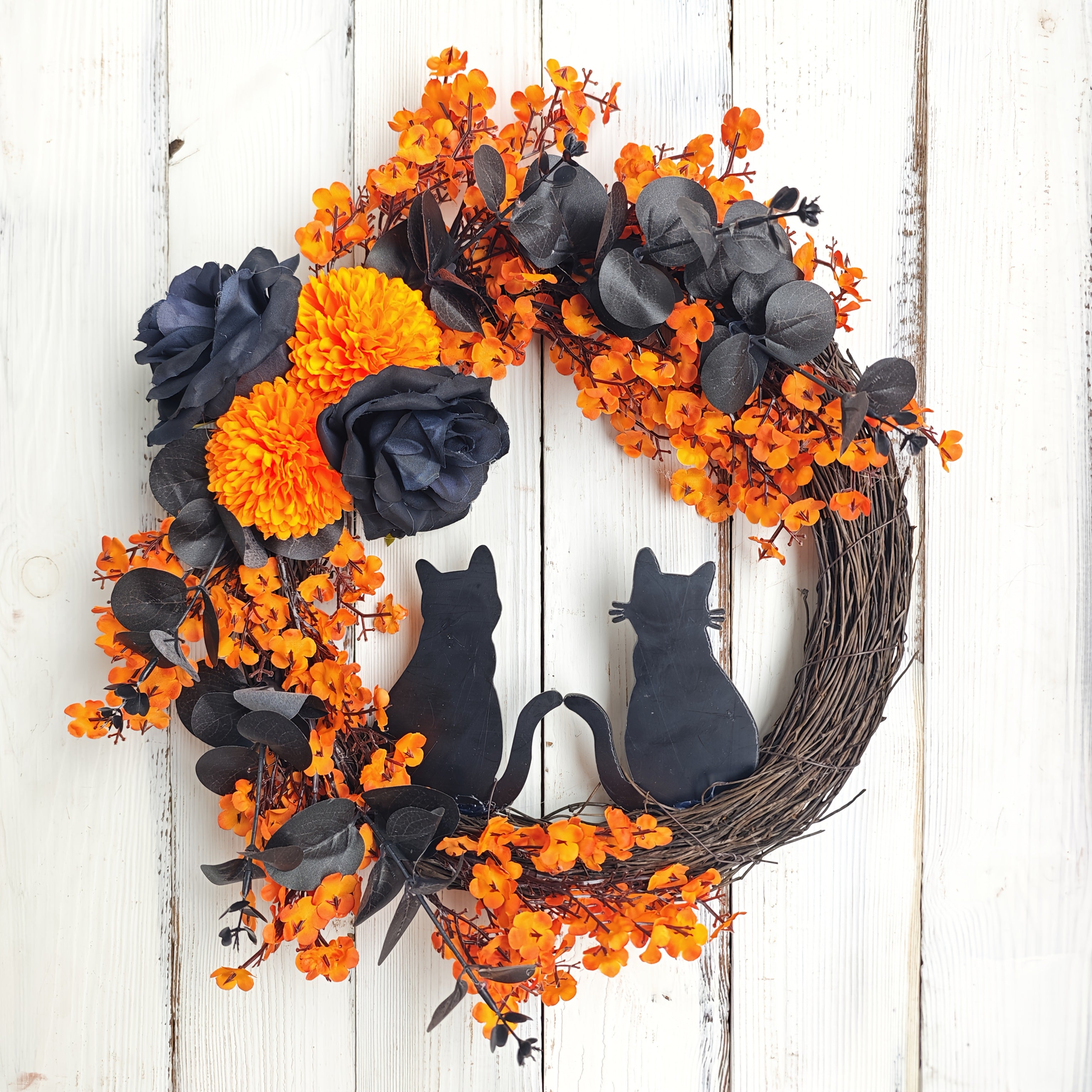 Halloween Moon Wreath Black Cat Door Decoration-2