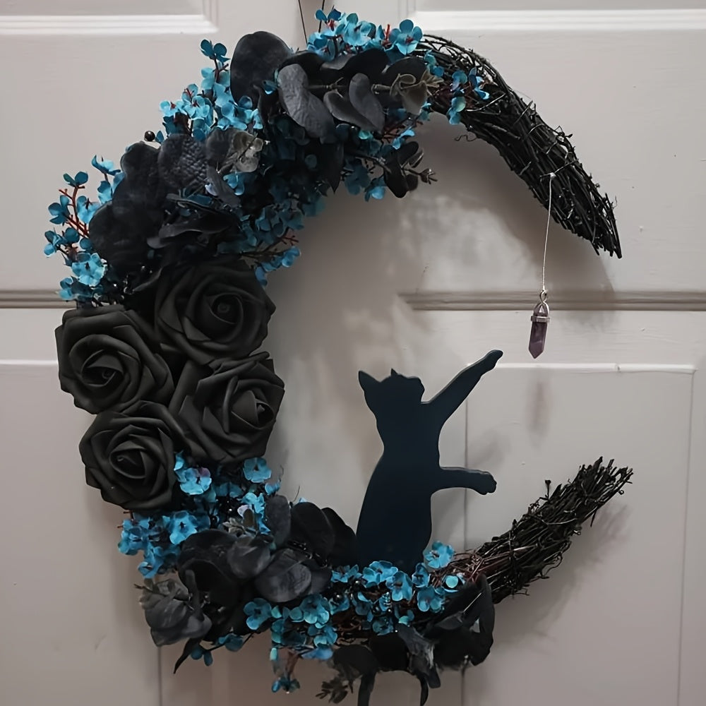 Gothic Cat Moon Wreath Halloween Door Decor-2