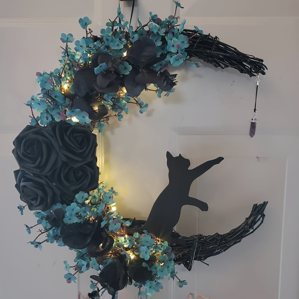 Gothic Cat Moon Wreath Halloween Door Decor-1