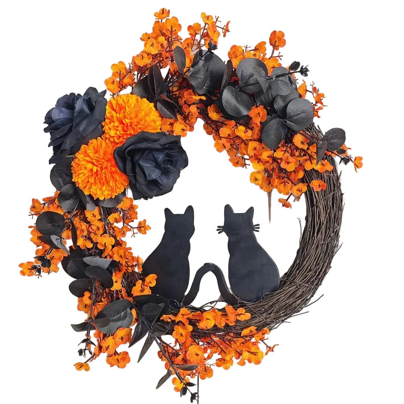 Halloween Moon Wreath Black Cat Door Decoration-0