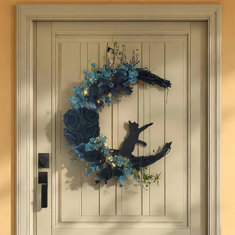 Gothic Cat Moon Wreath Halloween Door Decor-3