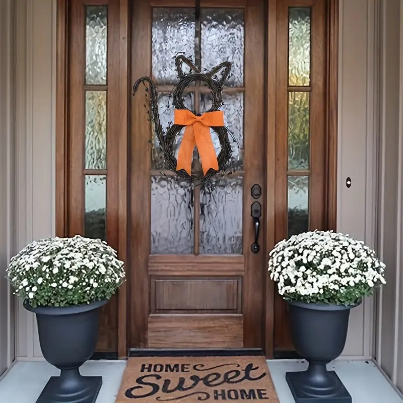 Black Cat Silhouette Twig Wreath Halloween Decoration-1