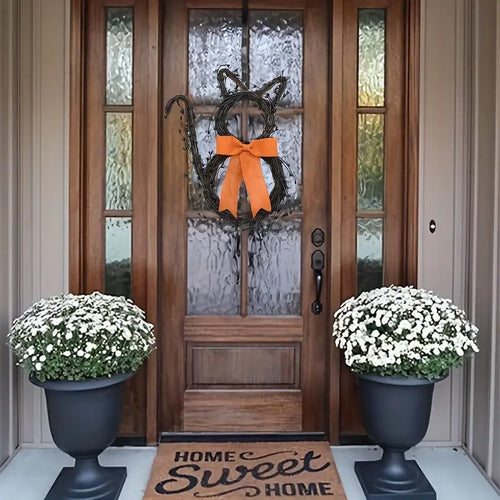 Black Cat Silhouette Twig Wreath Halloween Decoration-1