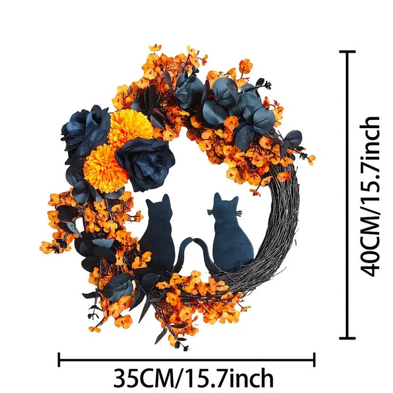 Halloween Moon Wreath Black Cat Door Decoration-3