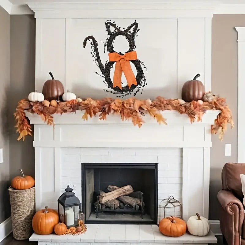 Black Cat Silhouette Twig Wreath Halloween Decoration-2