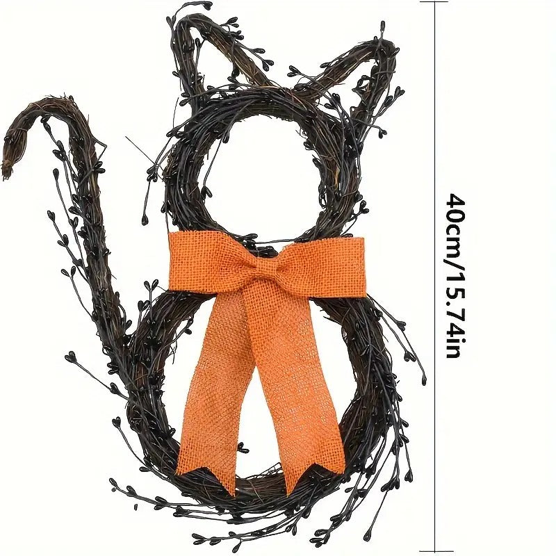 Black Cat Silhouette Twig Wreath Halloween Decoration-3